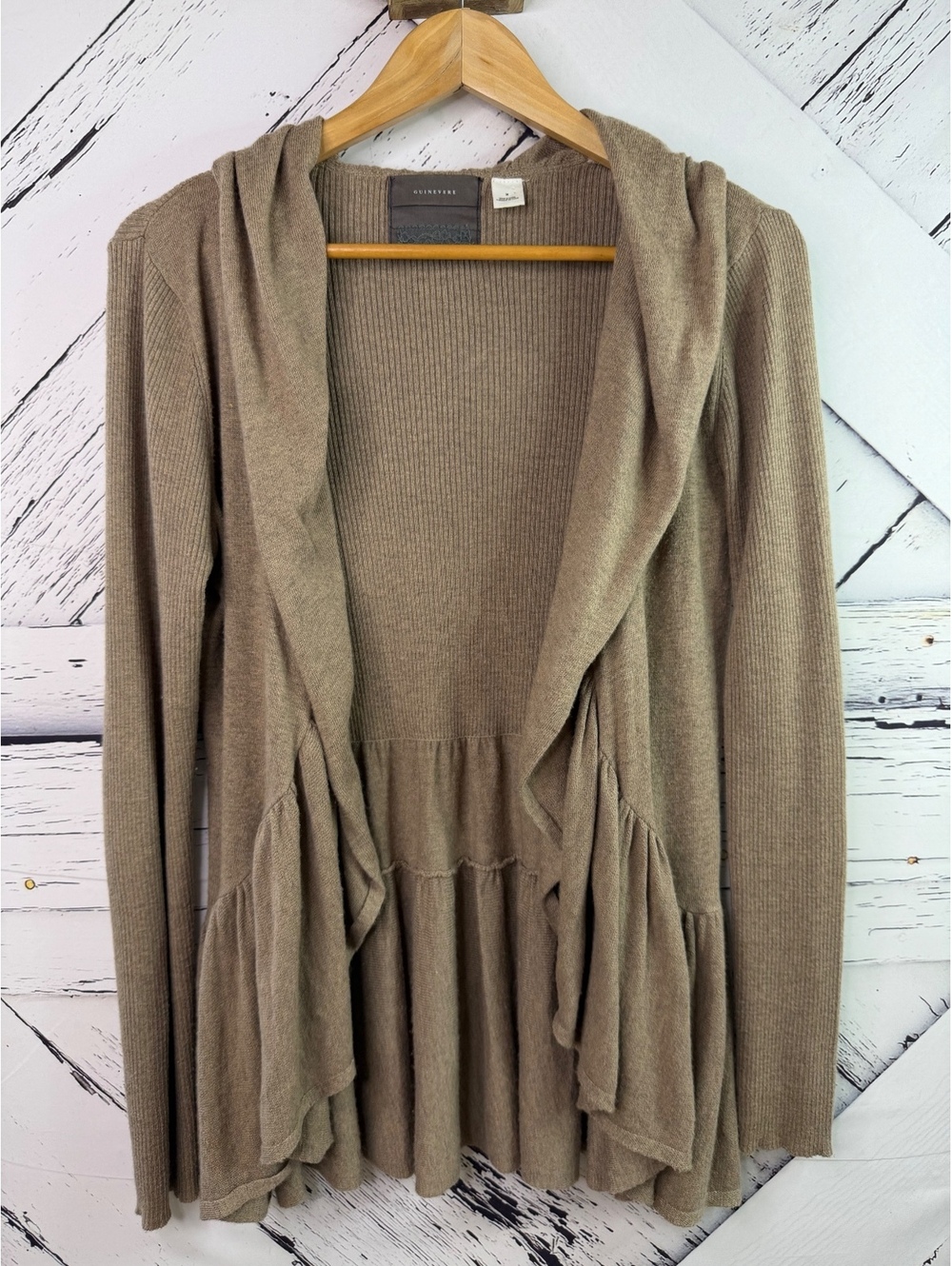 Anthropologie Guinevere Boho Cottage Ruffle Cardigan Tan Cashmere Blend Womens M